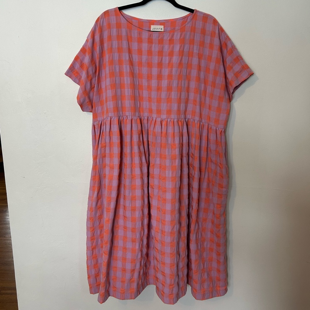 Off/On Linen Oversize Dress in Pink and Orange Checks